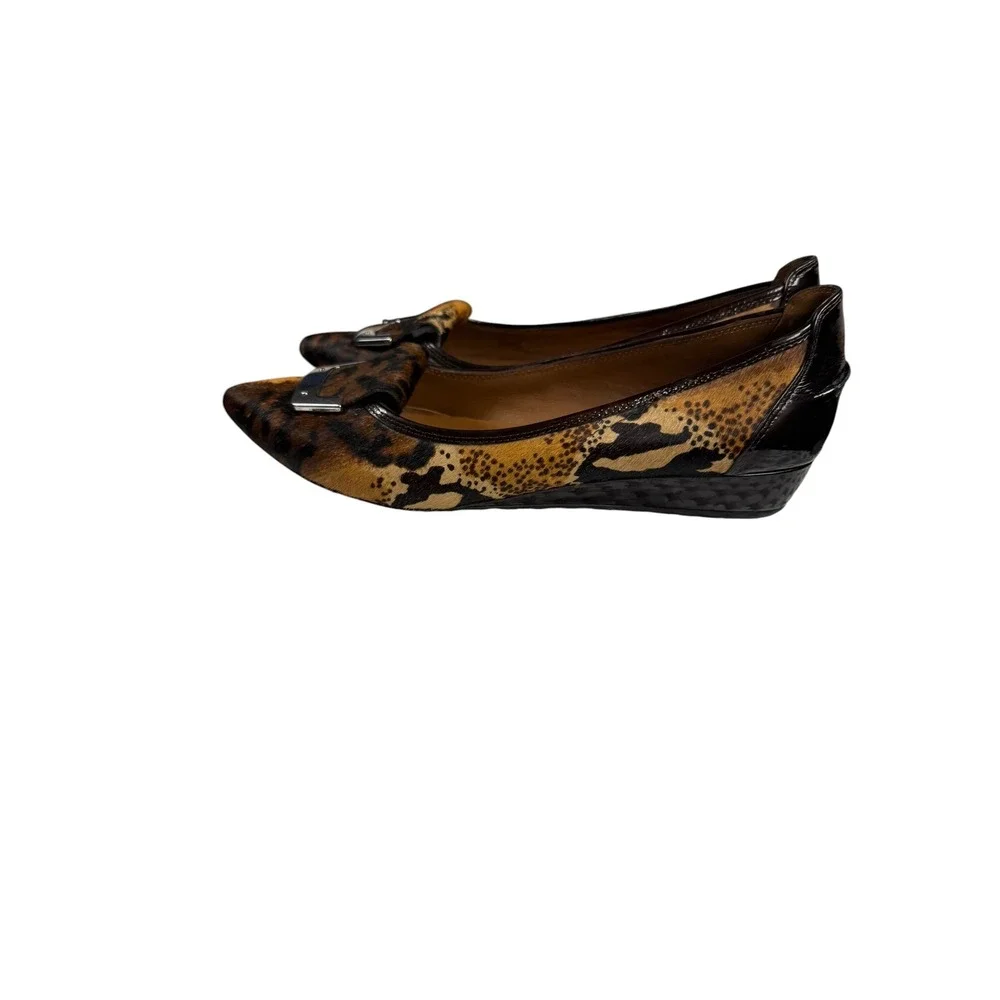 Donald J Pliner Leopard Calf Hair Wedge Pumps Pointed Toe Buckle Brown Womens